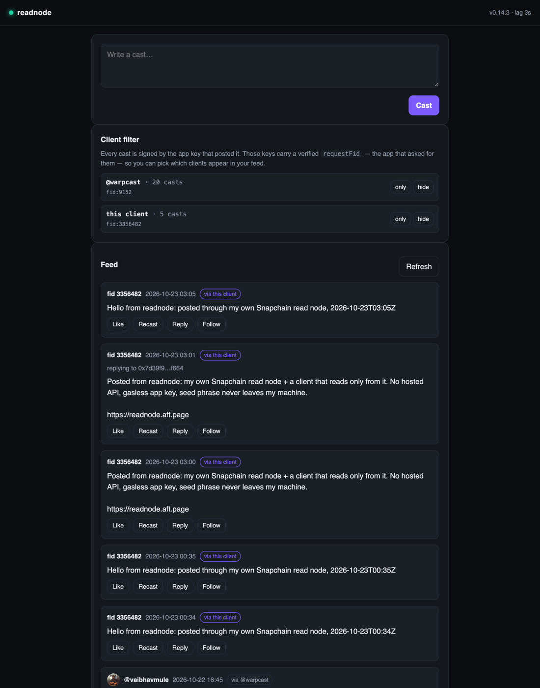 readnode client: compose box, client filter showing @warpcast and this client, and the feed